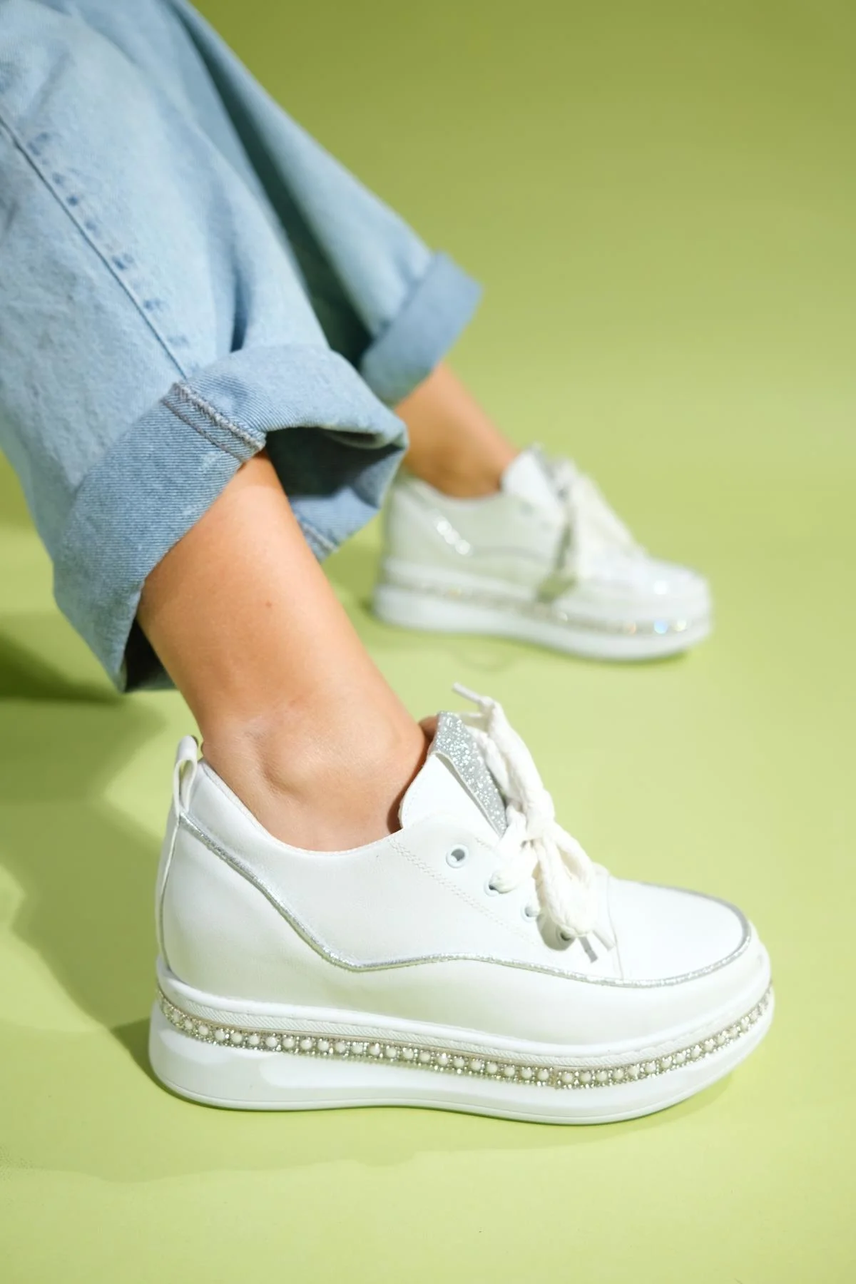 Jersey - White Pearl-Embellished Hidden Wedge Sneaker (Women)