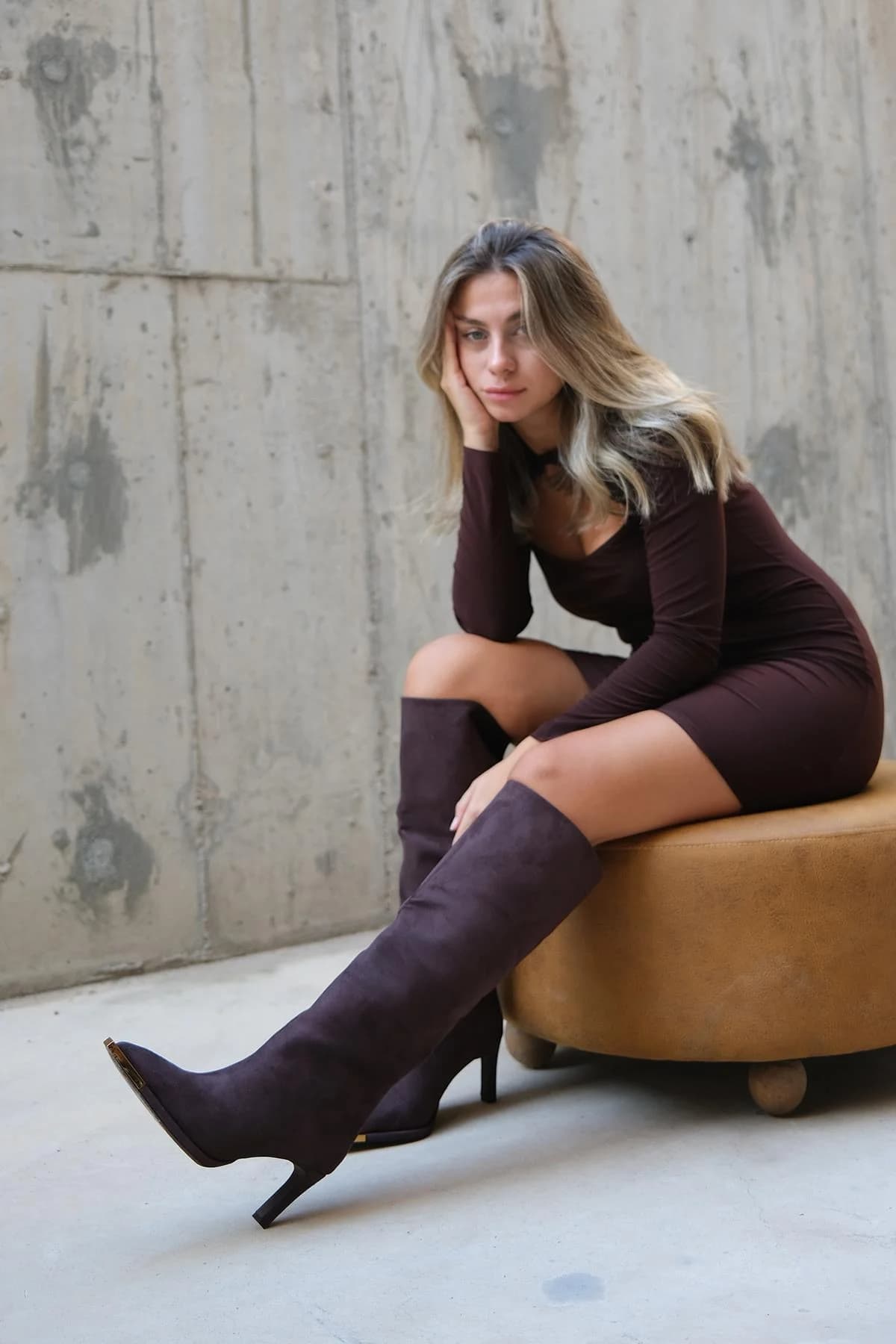 Lexa - Brown Gold Detail Pointed Toe Heeled Knee-High Boot (Women)