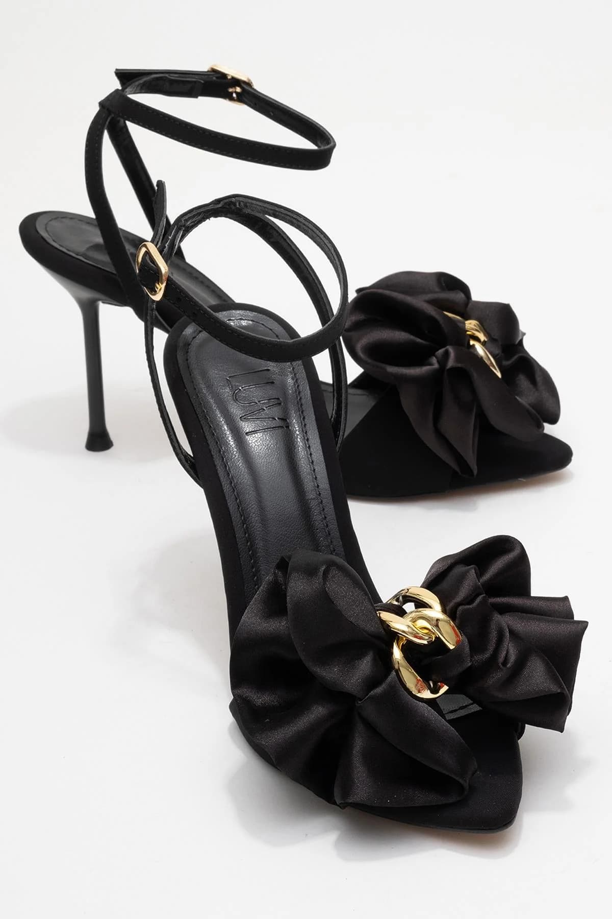 Lucy - Black Satin Bow Open-Toe Stiletto (Women)
