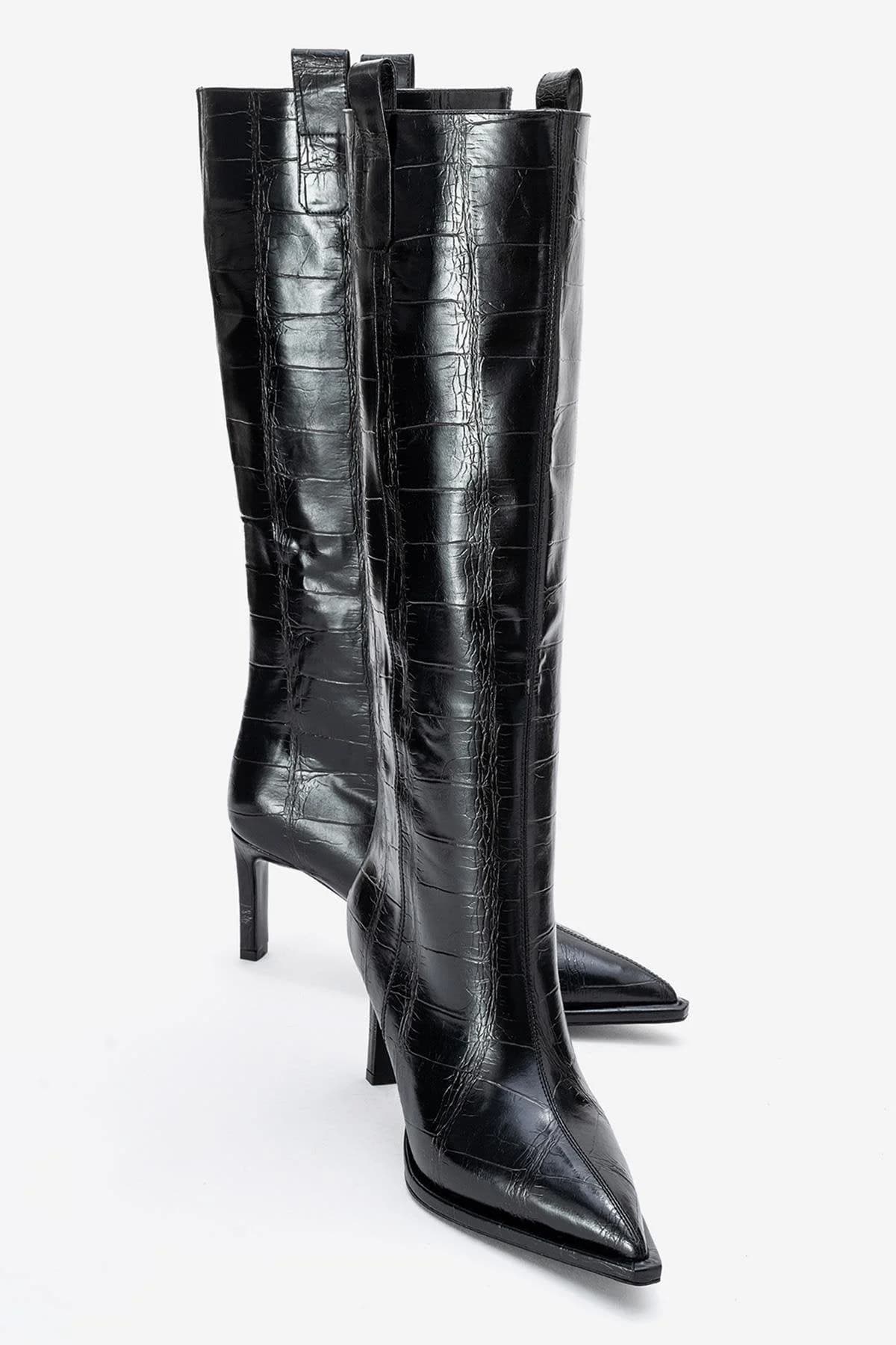 Lunelle - Black Pointed Toe Stiletto Heel Knee-High Boot (Women)