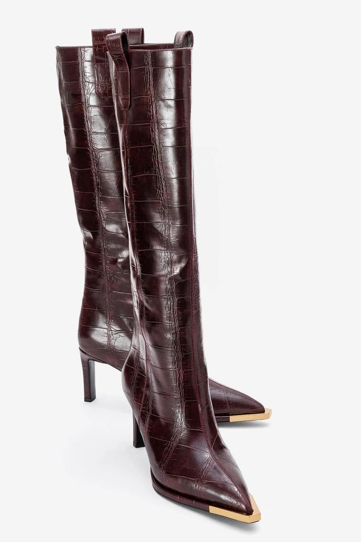 Lunelle - Burgundy Pointed Toe Stiletto Heel Knee-High Boot (Women)