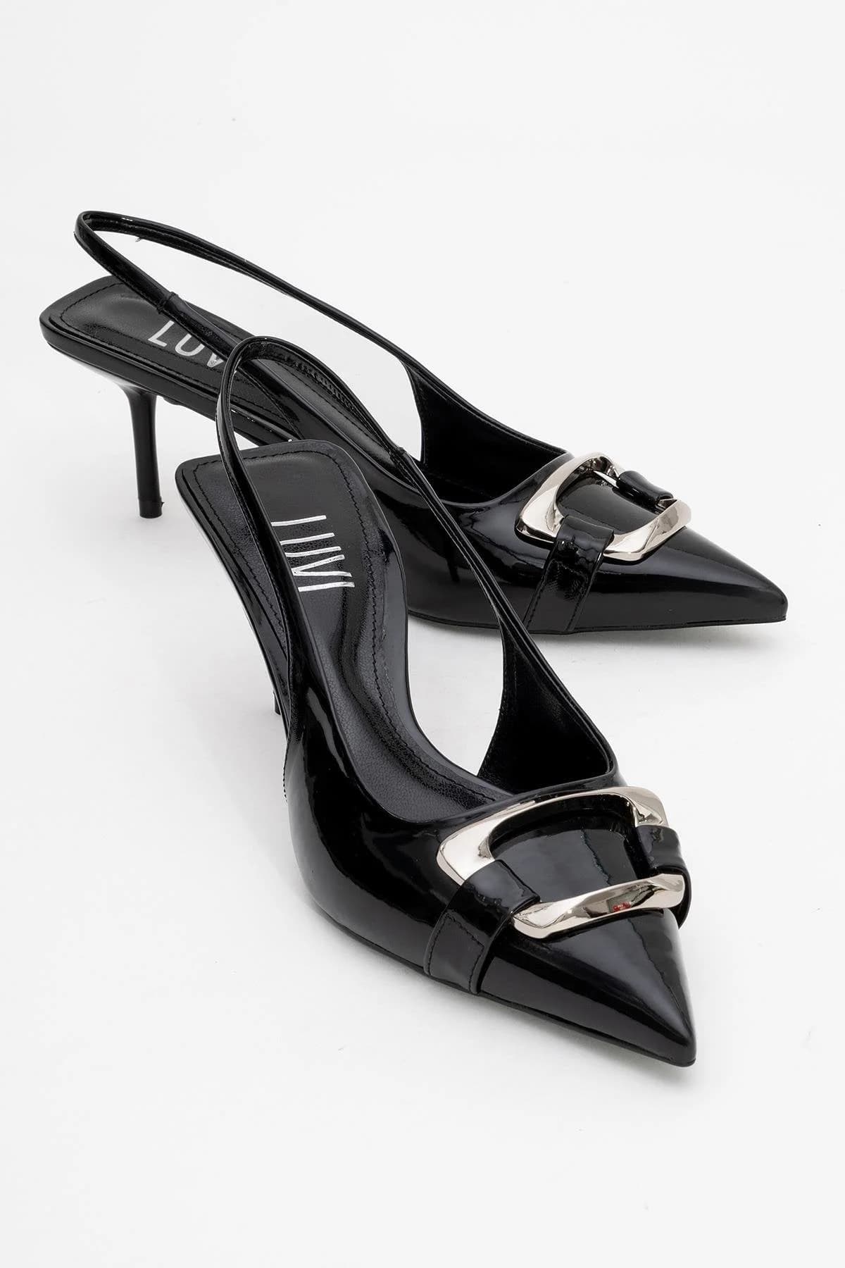 Lustre - Black Patent Buckle Pointed Toe Heeled Shoe (Women)