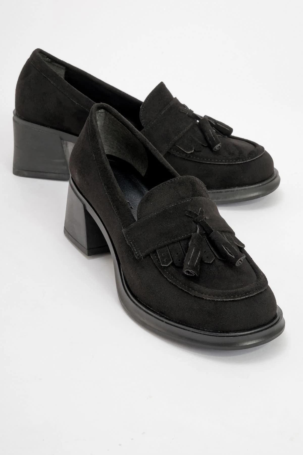 Marlo - Black Suede Tassel Block Heel Loafer (Women)