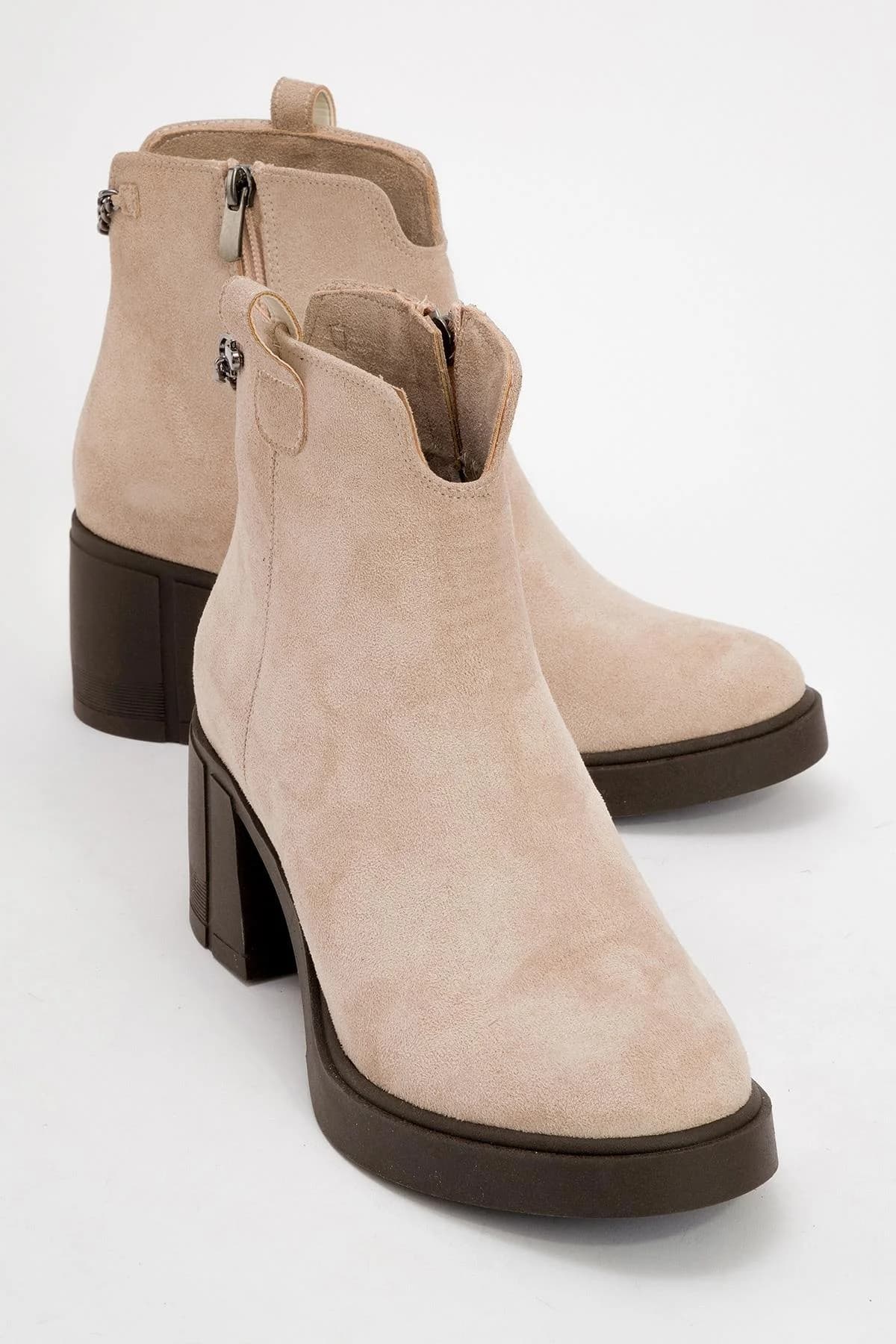 Mier - Beige Suede Chain Detail Chunky Heel Boot (Women)