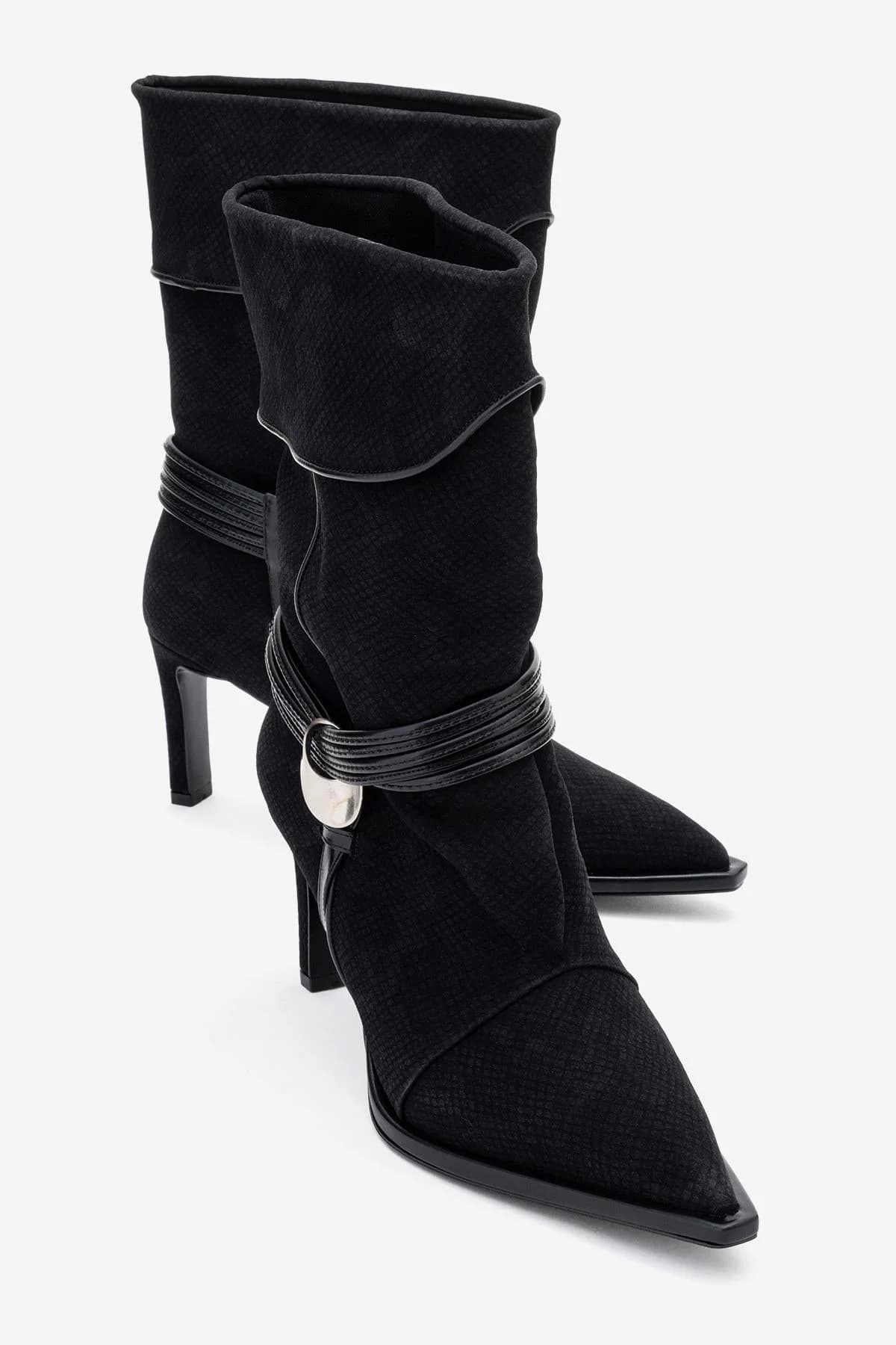 Myra - Black Snake-Embossed Banded Buckle Heeled Ankle Boot (Women)