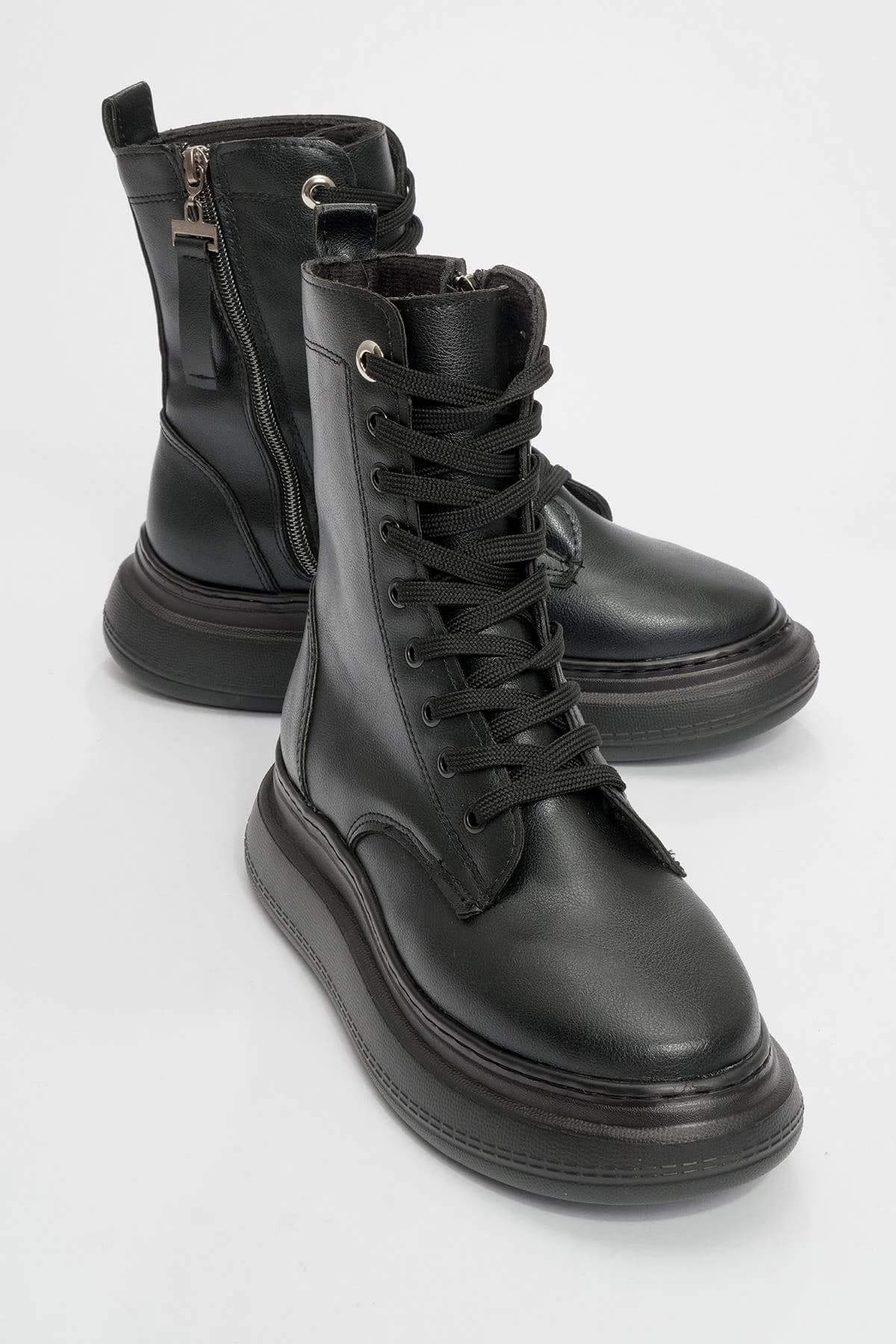 Nicolas Black Leather Combat Boot (Women)