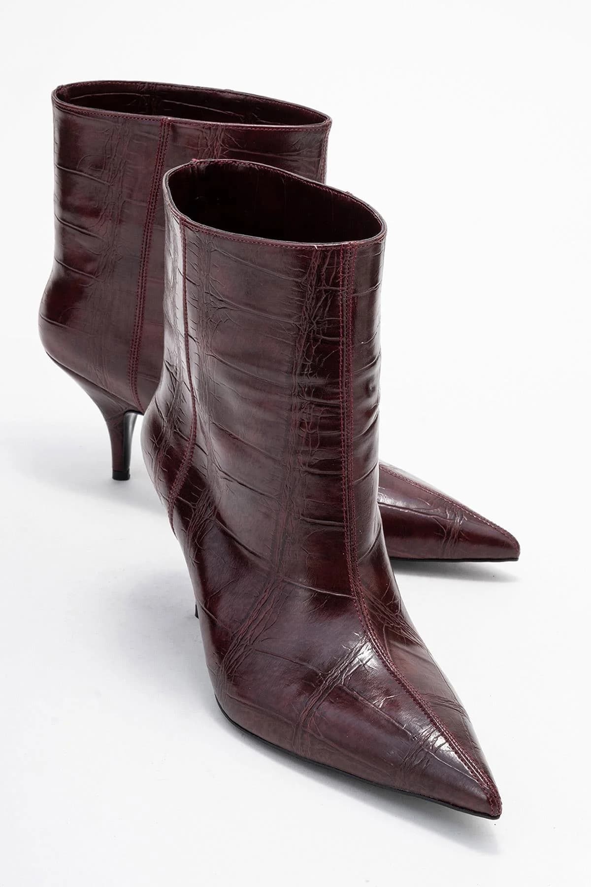 Nuvia - Burgundy Printed Pointed Toe Kitten Heel Boot (Women)