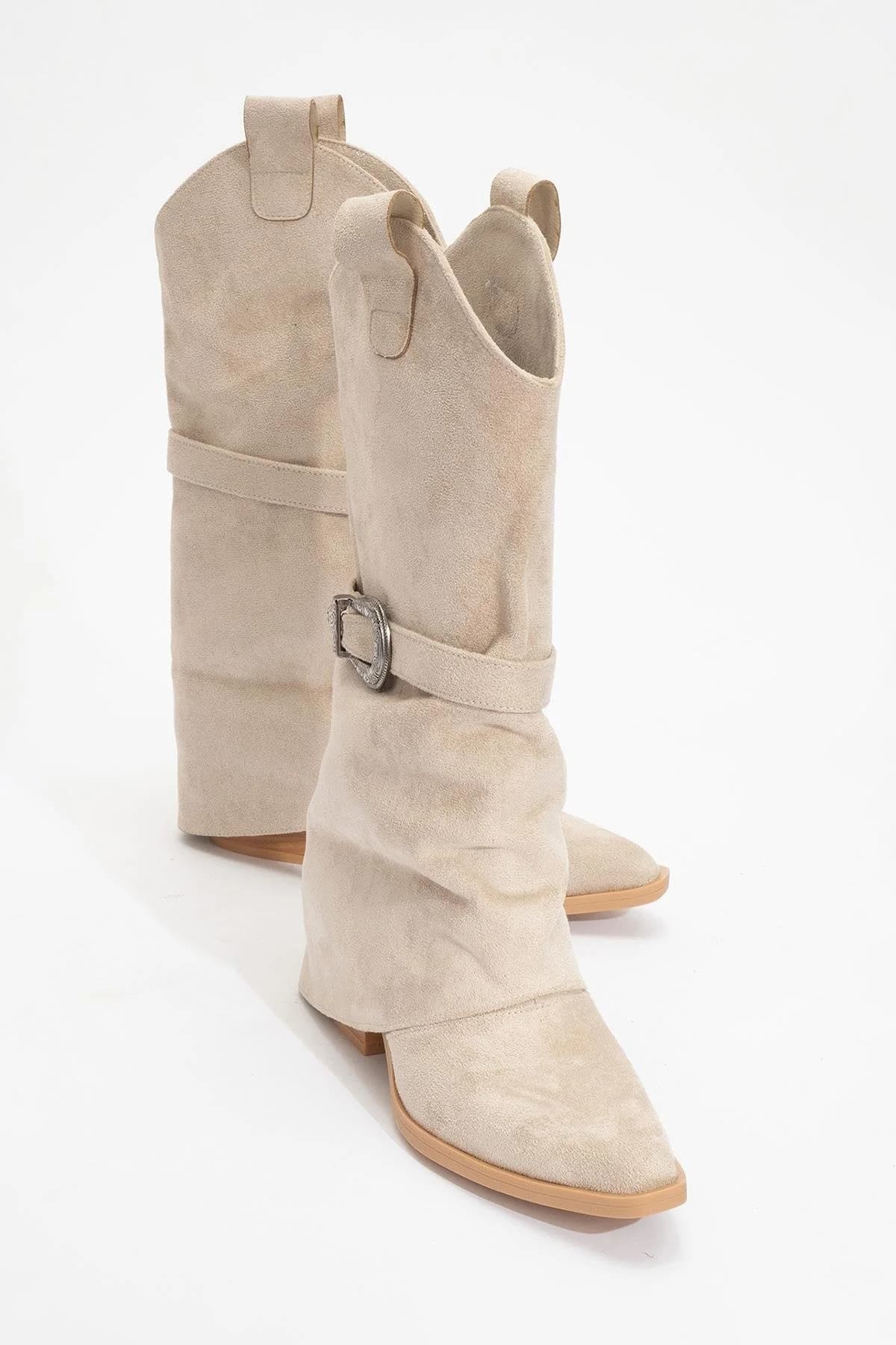 Okus - Beige Buckle Block Heel Ankle Boot (Women)