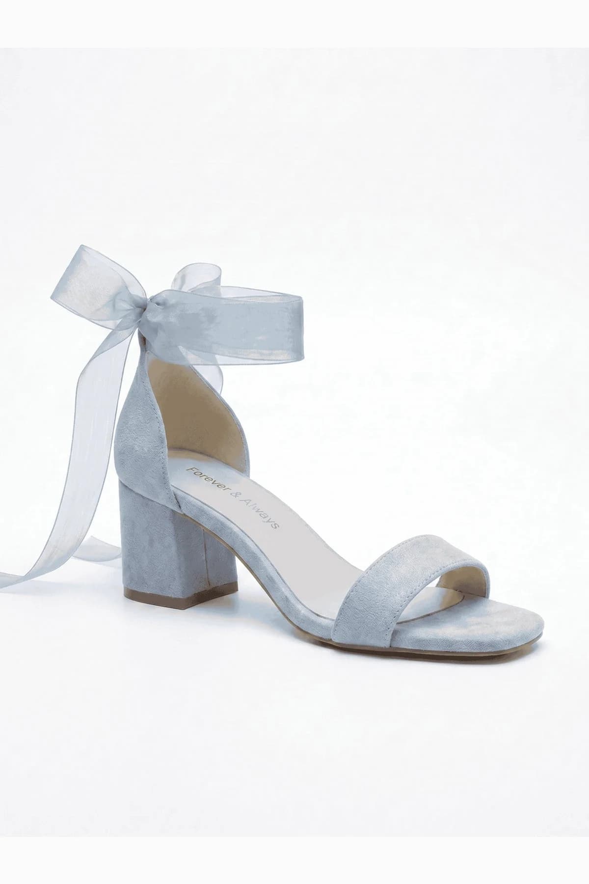 Blumira Baby Blue Suede Organza Tulle Ribbon Ankle Strap Block Heel Sandal