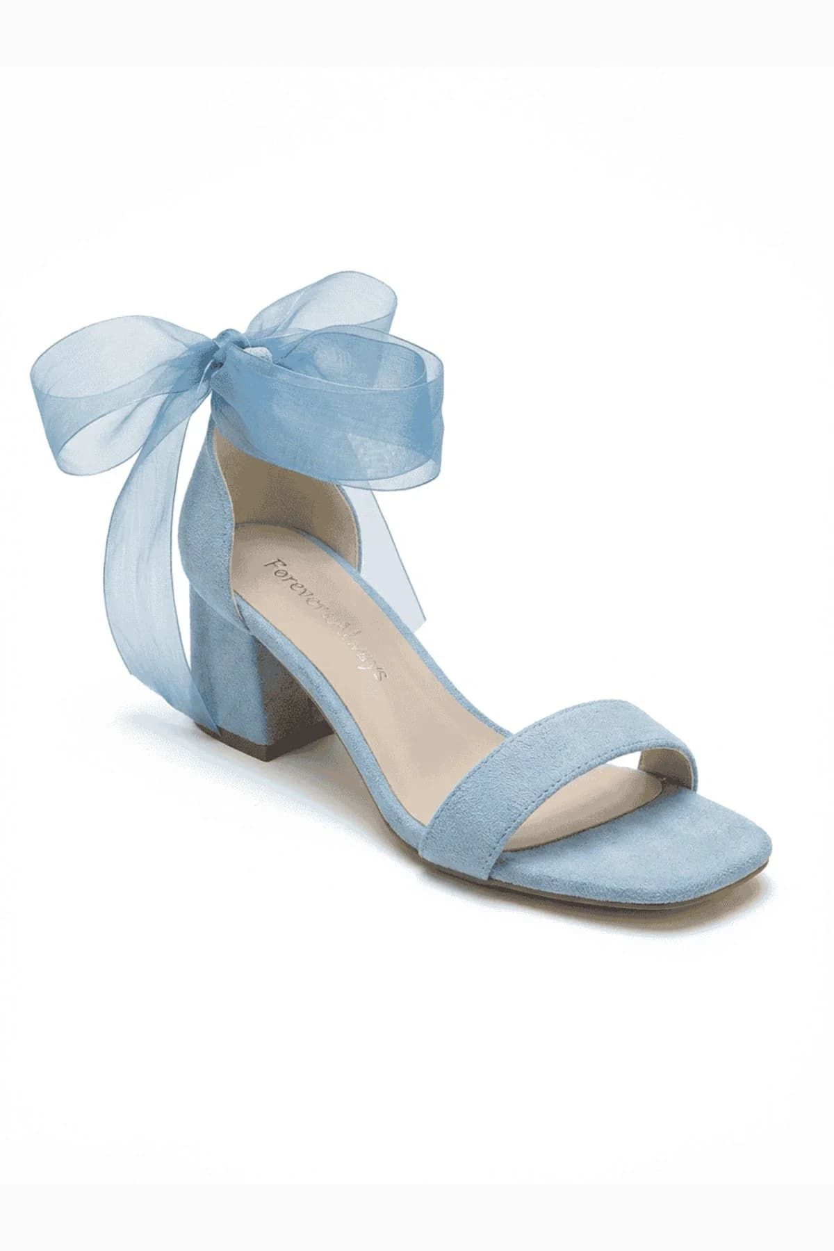 Orlina Blue Suede Organza Ribbon Ankle Strap Block Heel Sandal