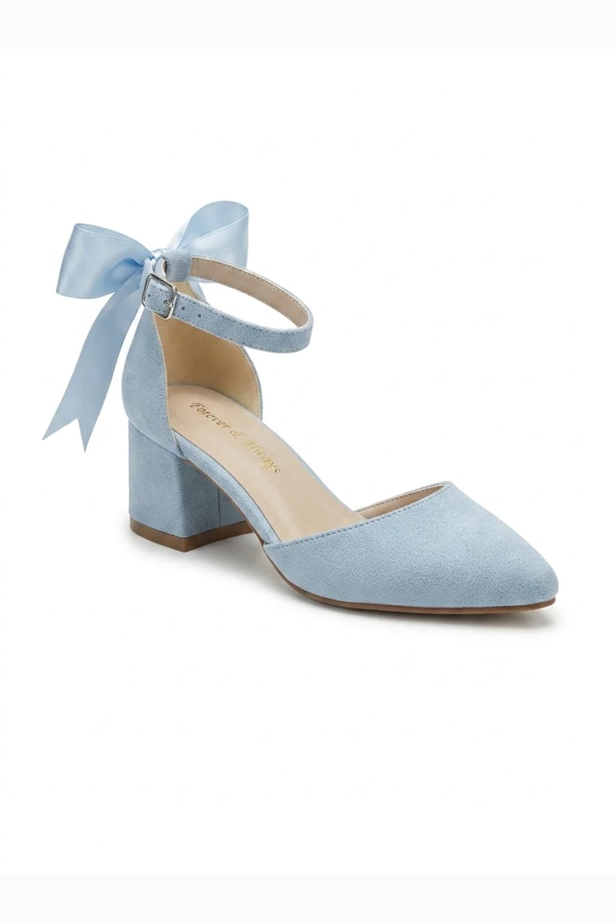 Arielle Baby Blue Suede Bow Ankle Strap Block Heel Sandal