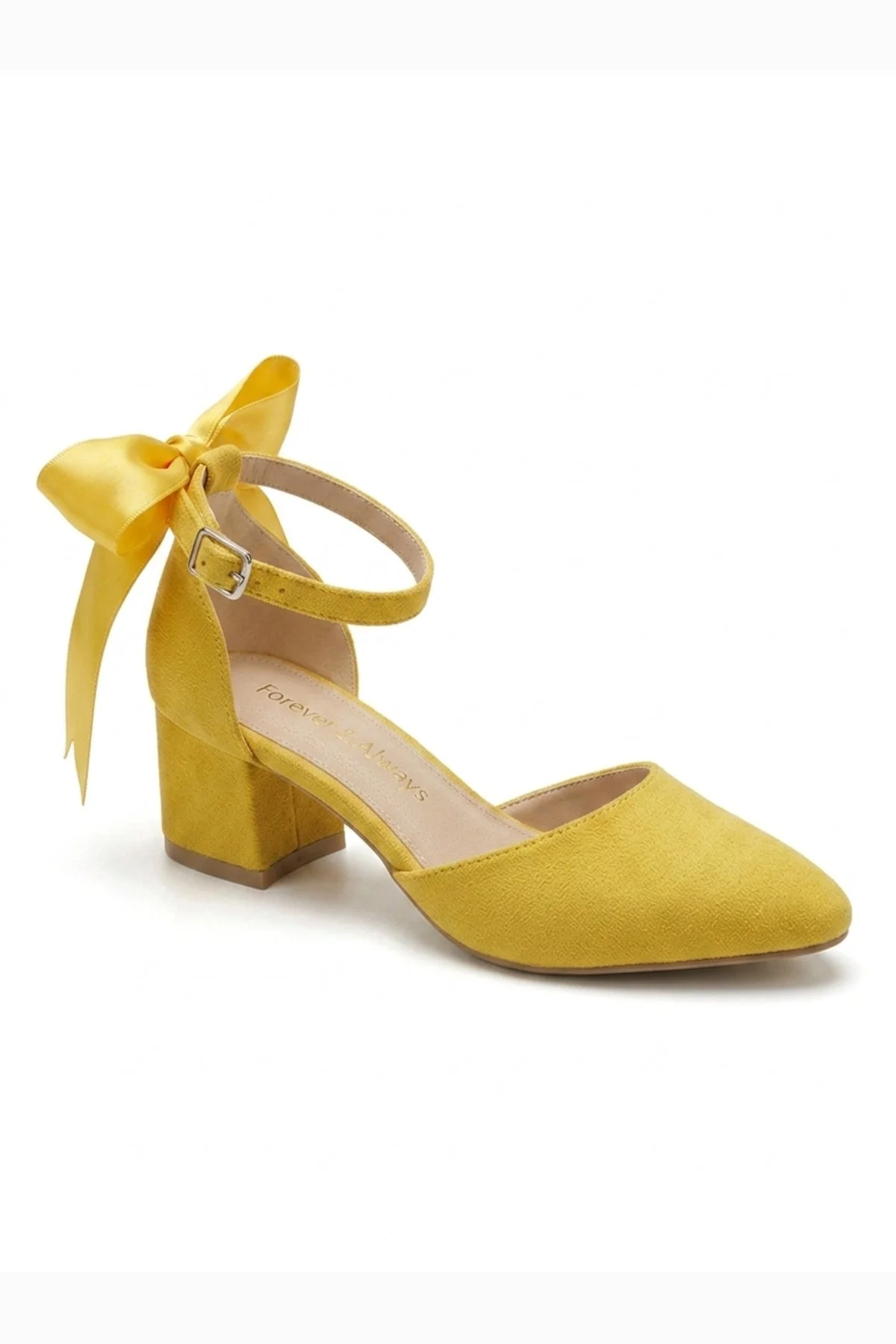 Arielle Yellow Suede Bow Ankle Strap Block Heel Sandal