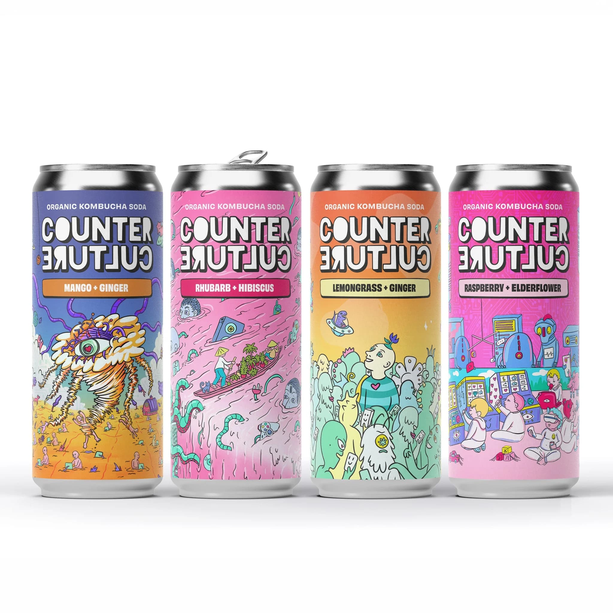 Four cans of Counter Culture Drinks organic kombucha soda: Mango + Ginger, Rhubarb + Hibiscus, Lemongrass + Ginger and Raspberry + Elderflower, each with a bright illustrated label