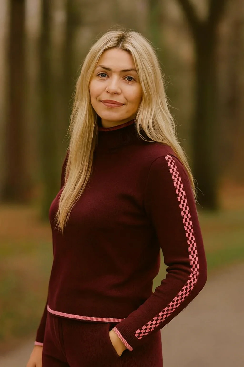 Burgundy / Pink Check sleeve Cashmere Mix