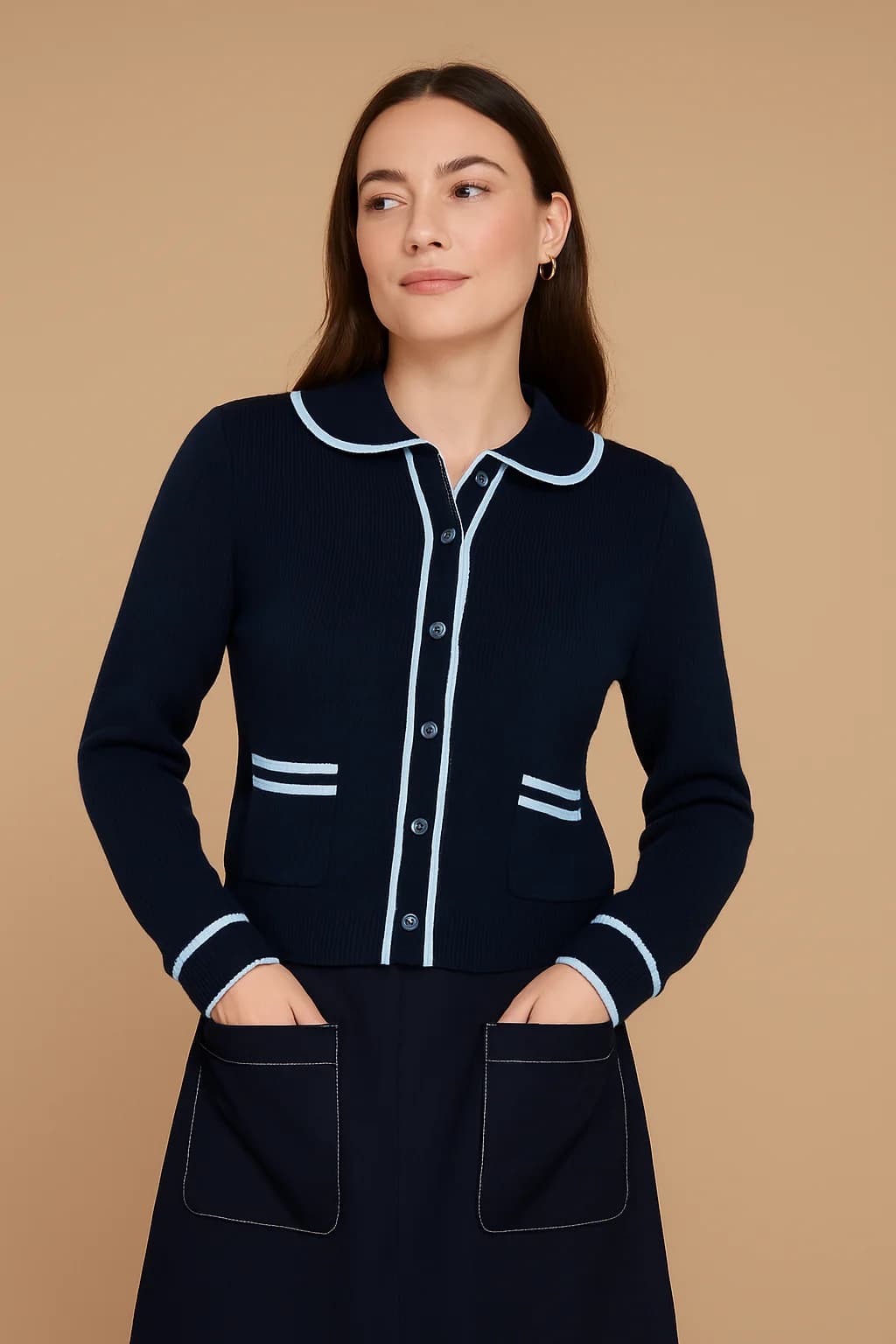Cashmere Mix Cardigan with Collar Navy / Light blue