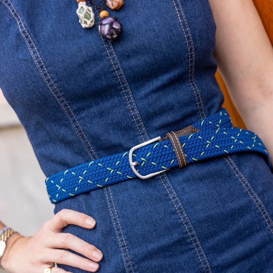 Woven Belt - Navy & Green Dot