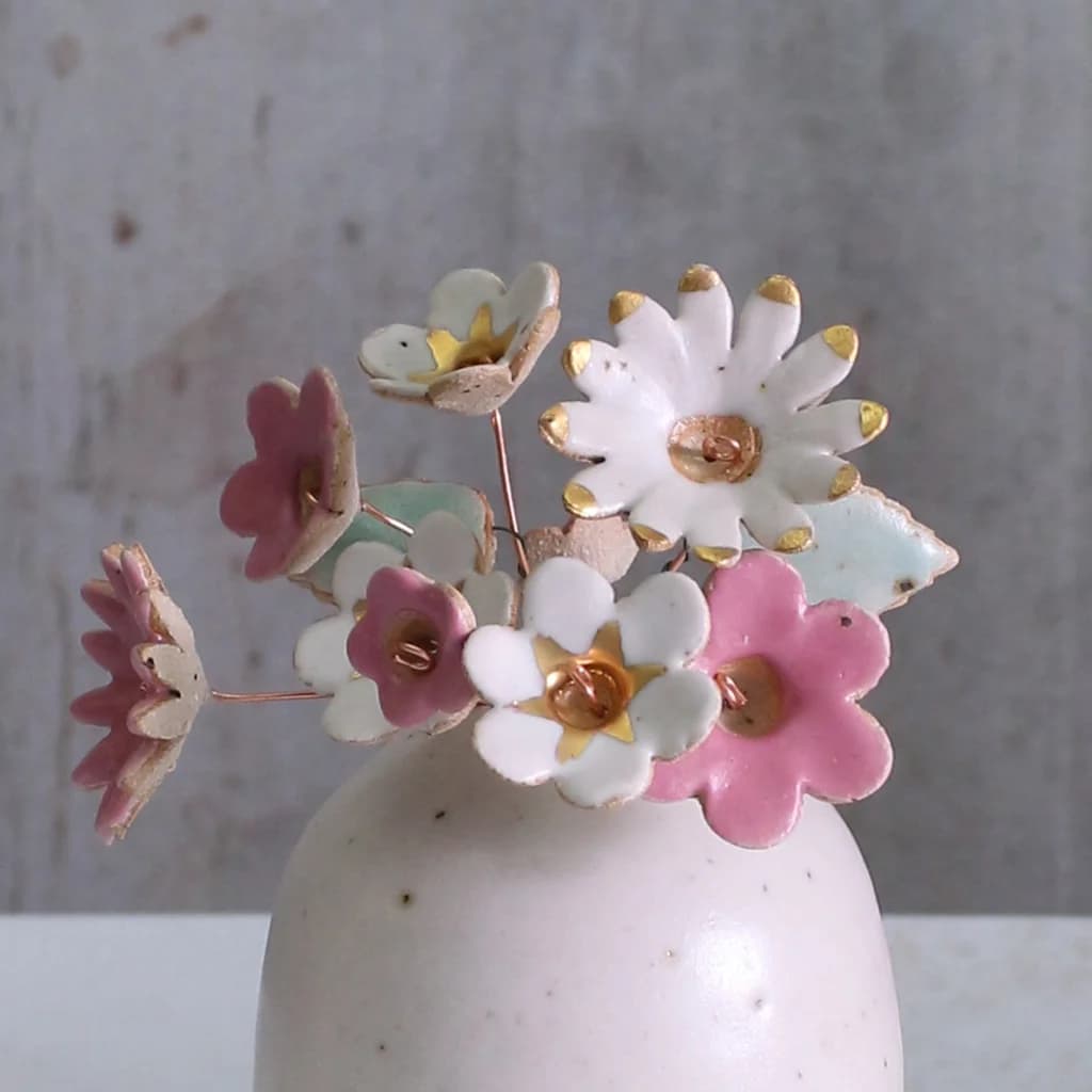 Fuchsia, White and Gold Ceramic Flower Bouquet – image 1
