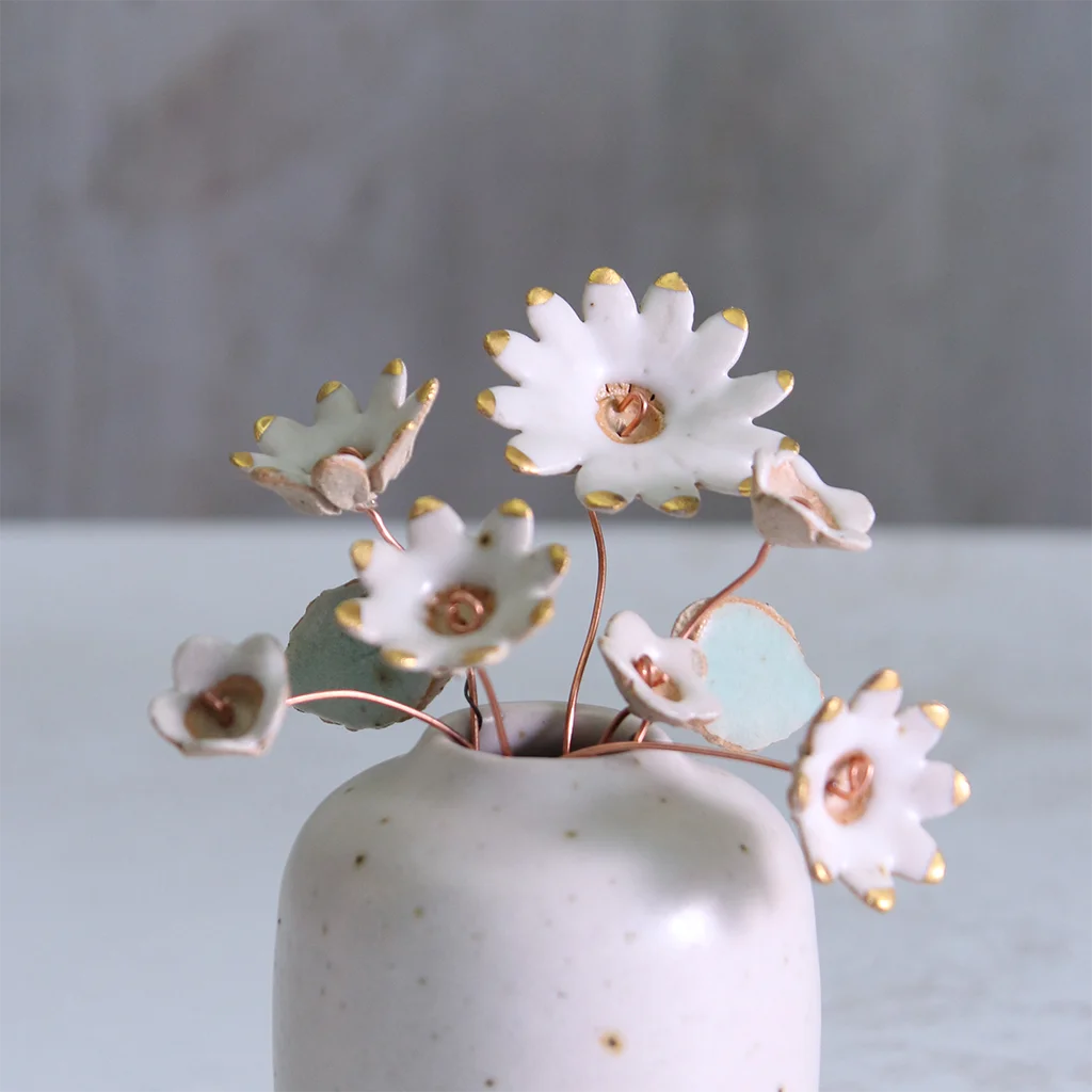 White and Gold Ceramic Flower Bouquet Small