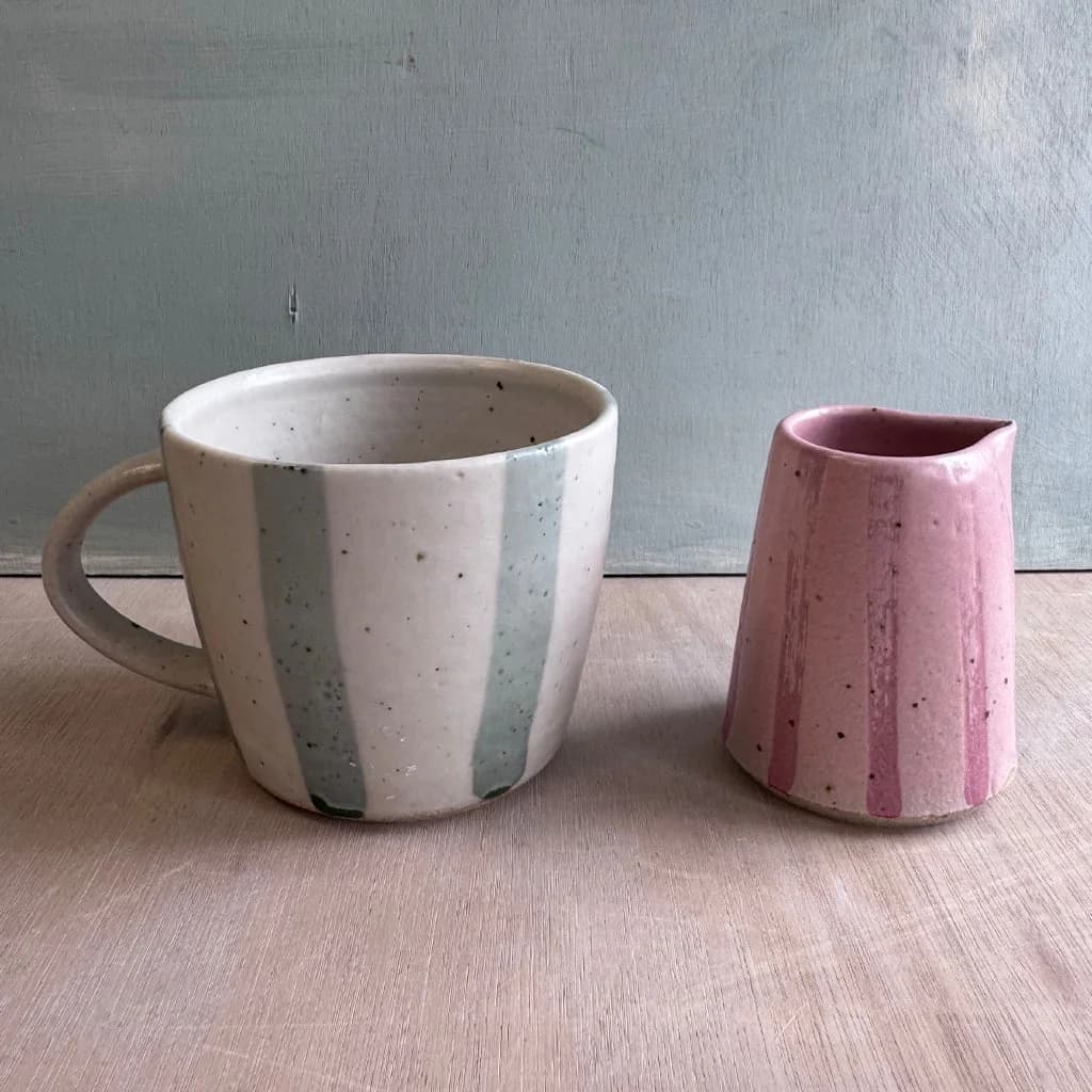 White and Blue Striped Mug with Pink Striped Jug Set – image 1