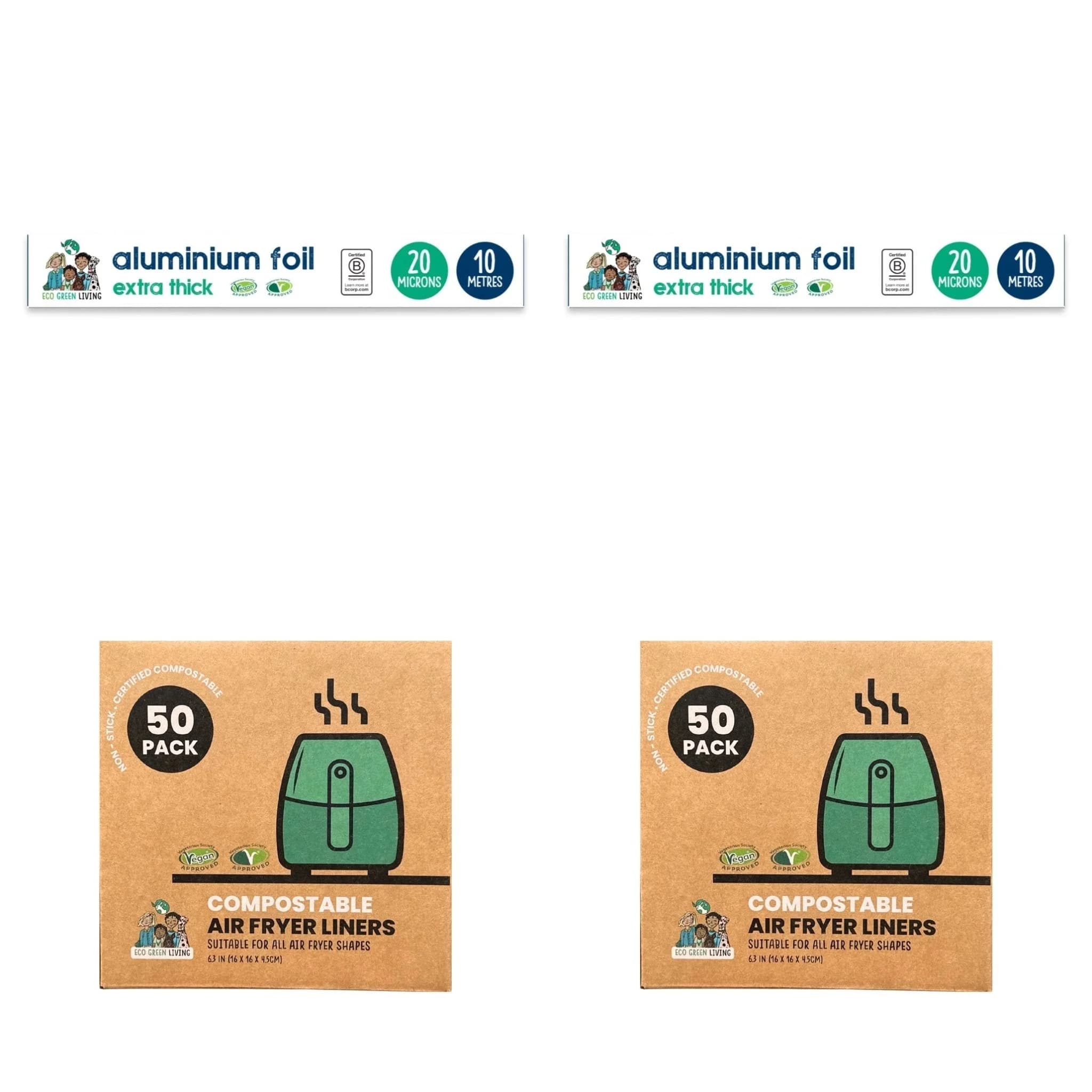 Foil x 2, 10m x 30cm Air Fryer Liners 2x50 Papers, suitable for all air fryers.