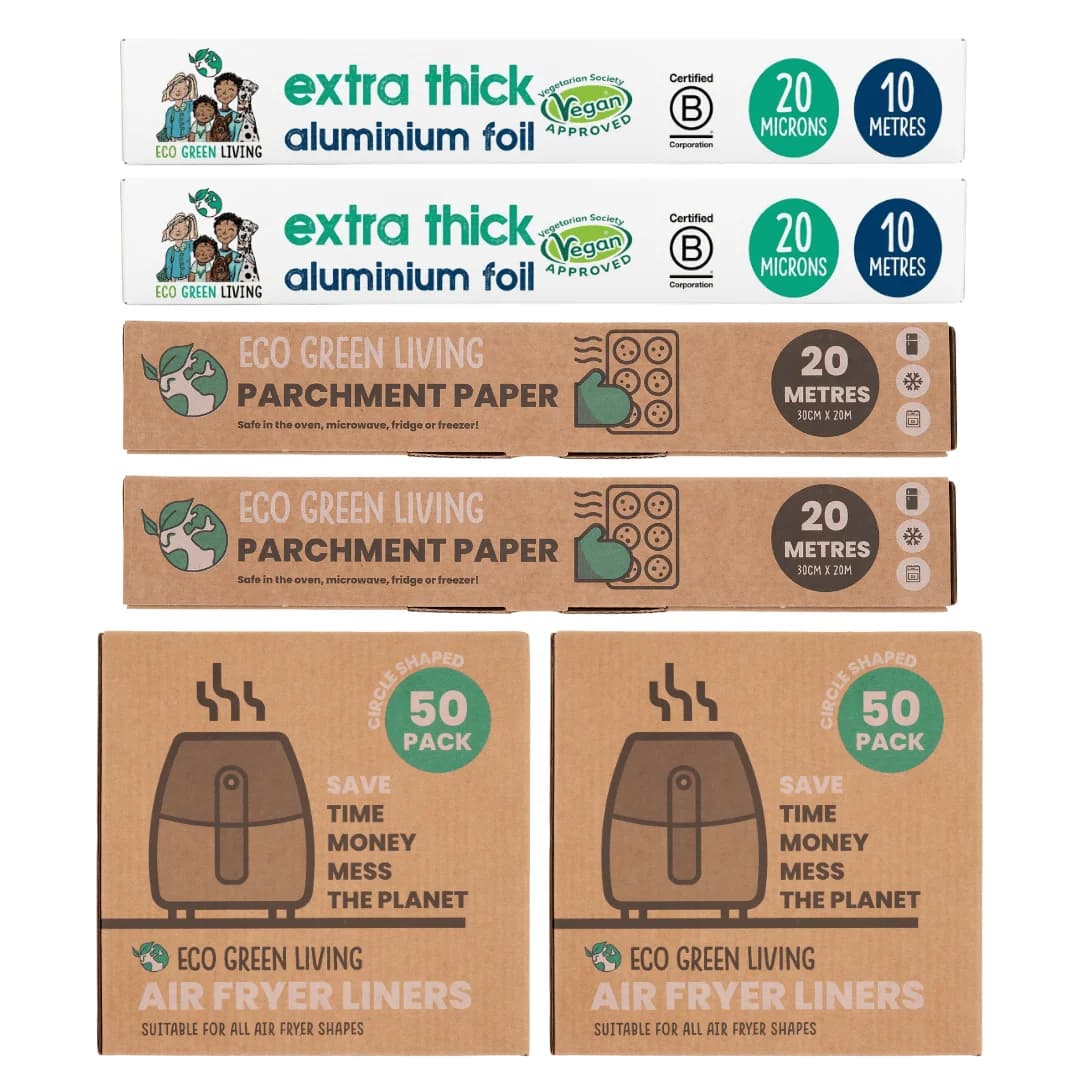 Foil x 2, 10m x 30cm Parchment Paper x 2, 20m x 30cm Air Fryer Liners x 2 50 Papers