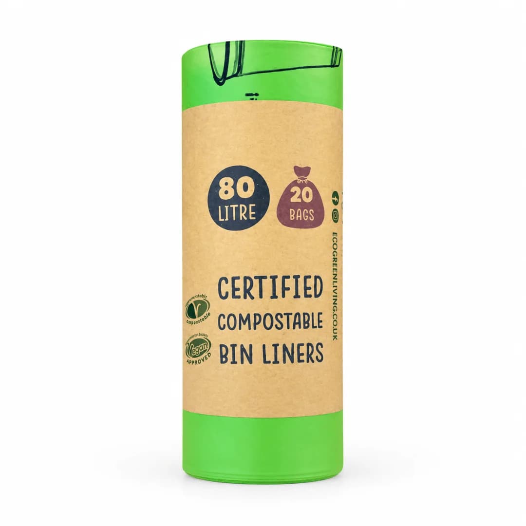 Compostable 80L bin liners on a roll of 20 in plastic free packaging