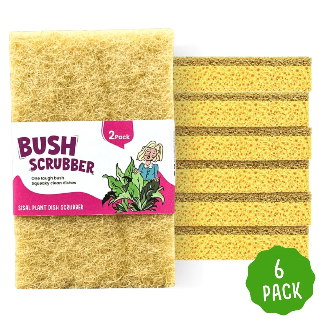 Bush scrubbers with a soft wood pulp sponge side and a sisal and polyester scrubbing side, six packs of two