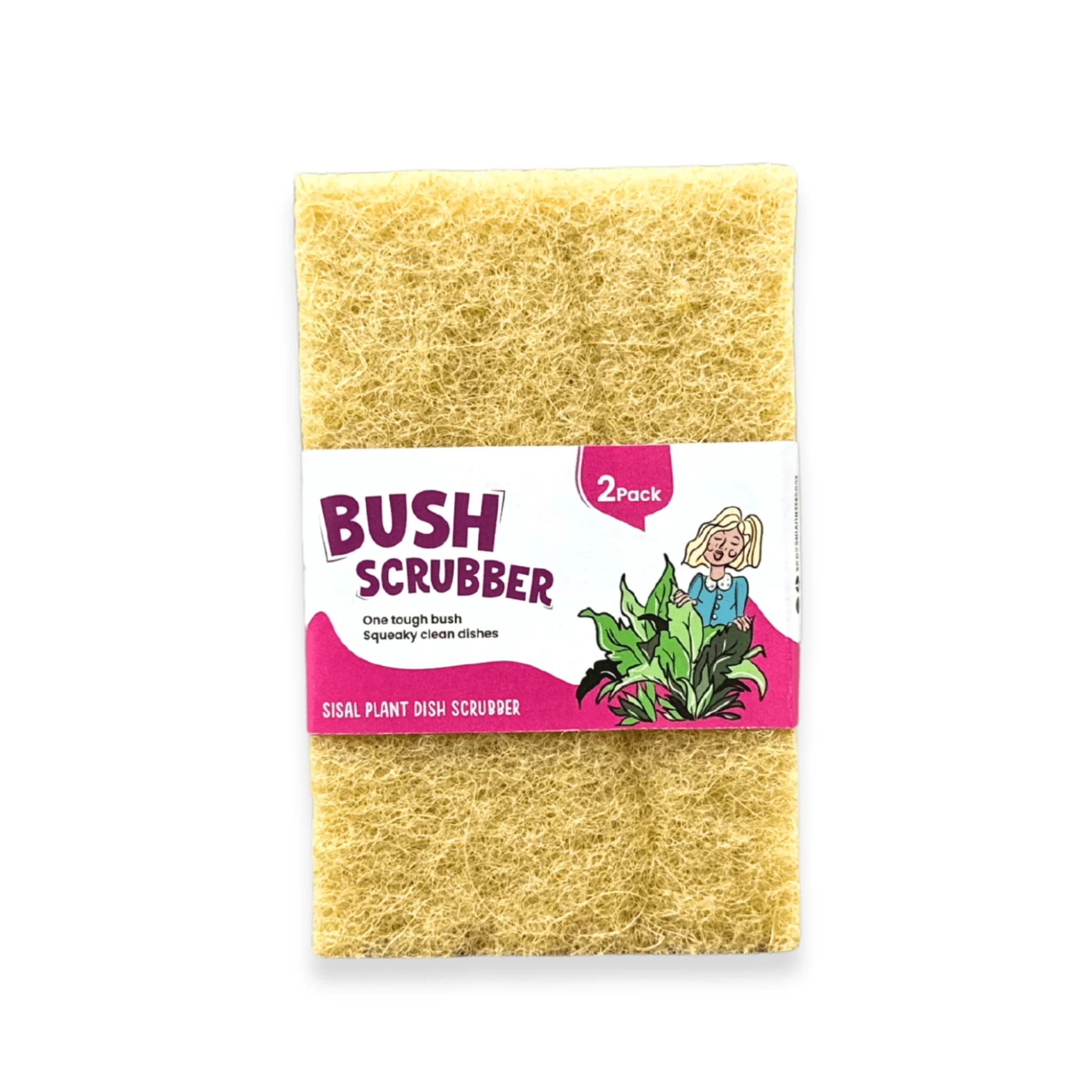Bush scrubbers with a soft wood pulp sponge side and a sisal and polyester scrubbing side, pack of two