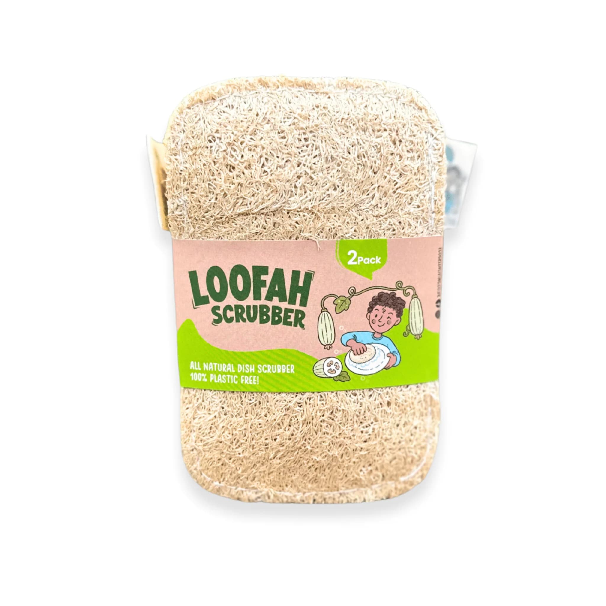 Loofah dish scrubbers in their packaging, pack of two