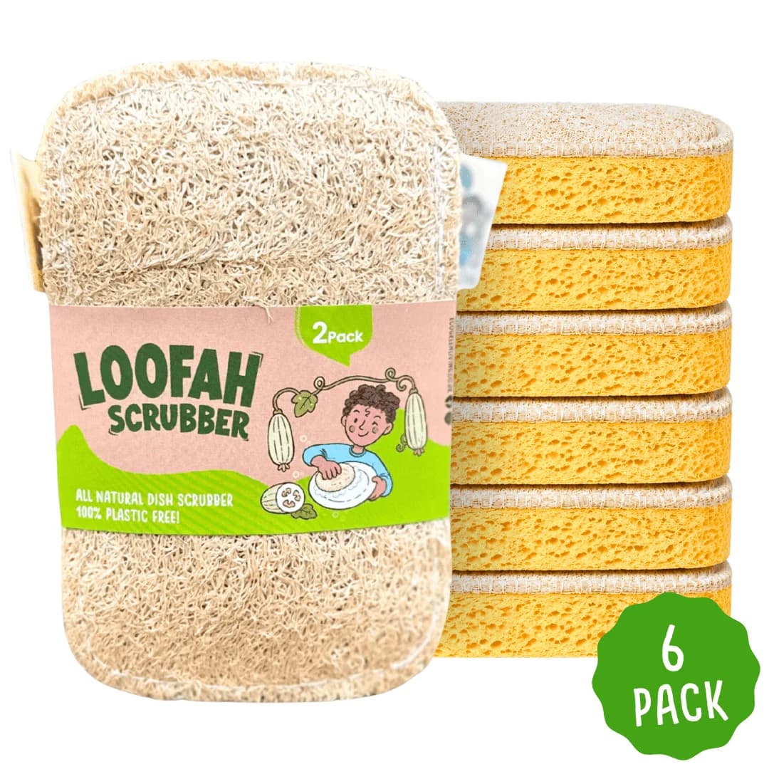Loofah dish scrubbers in their packaging, six packs of two