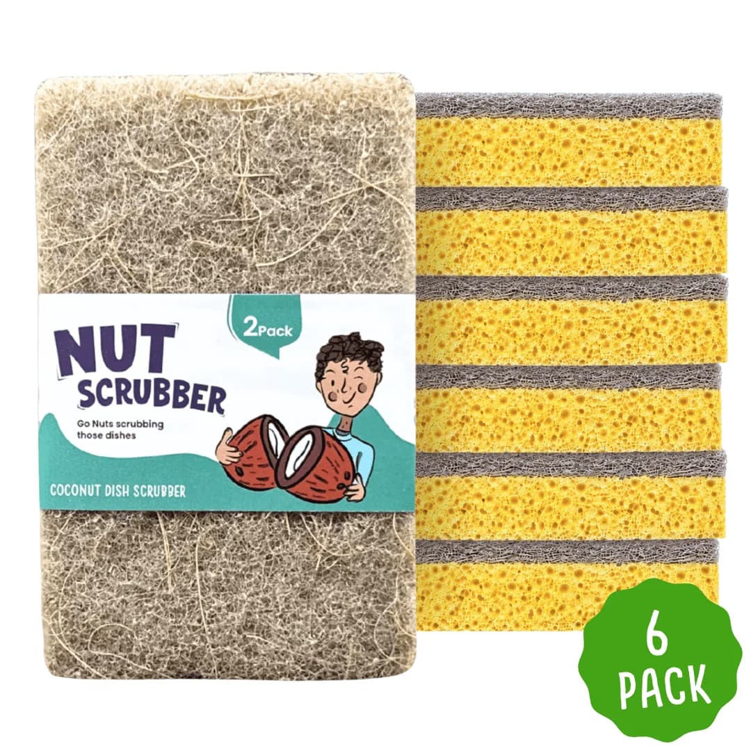 Six packs of coconut fibre nut scrubbers for washing up, two per pack
