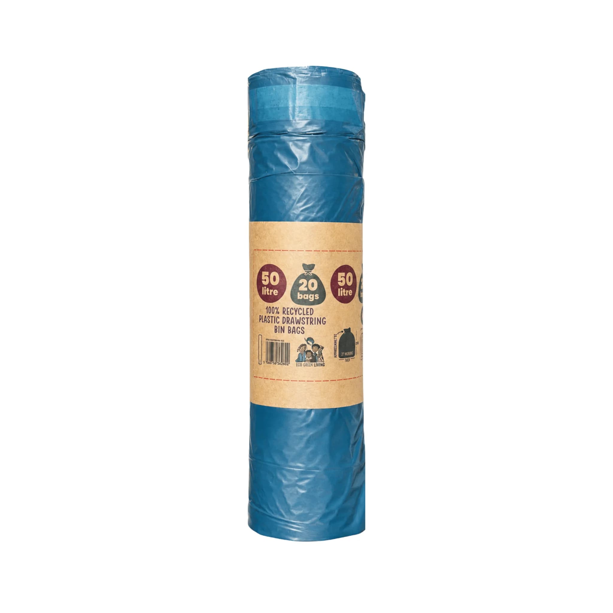 Roll of 20 blue 50L recycled plastic drawstring bin bags in a paper wrap