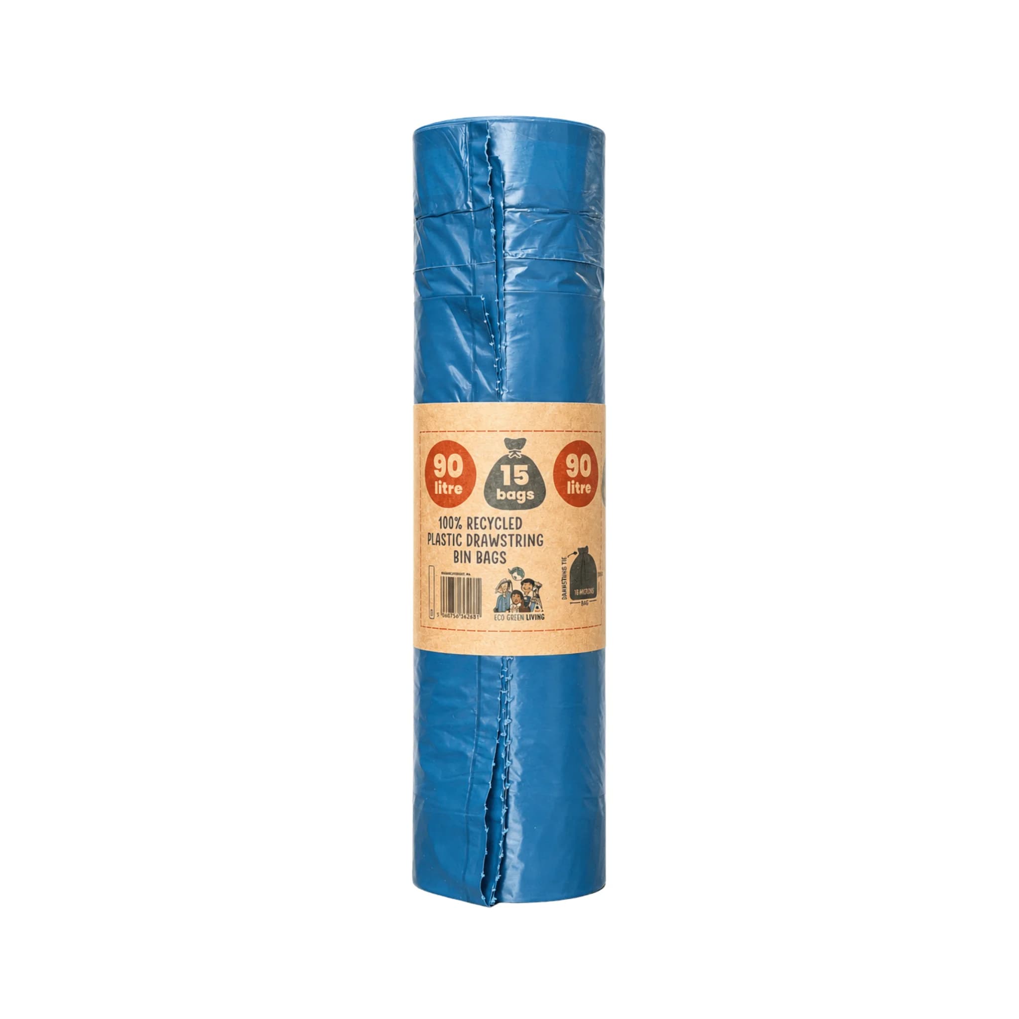Roll of 15 blue 90L recycled plastic drawstring bin bags in a paper wrap