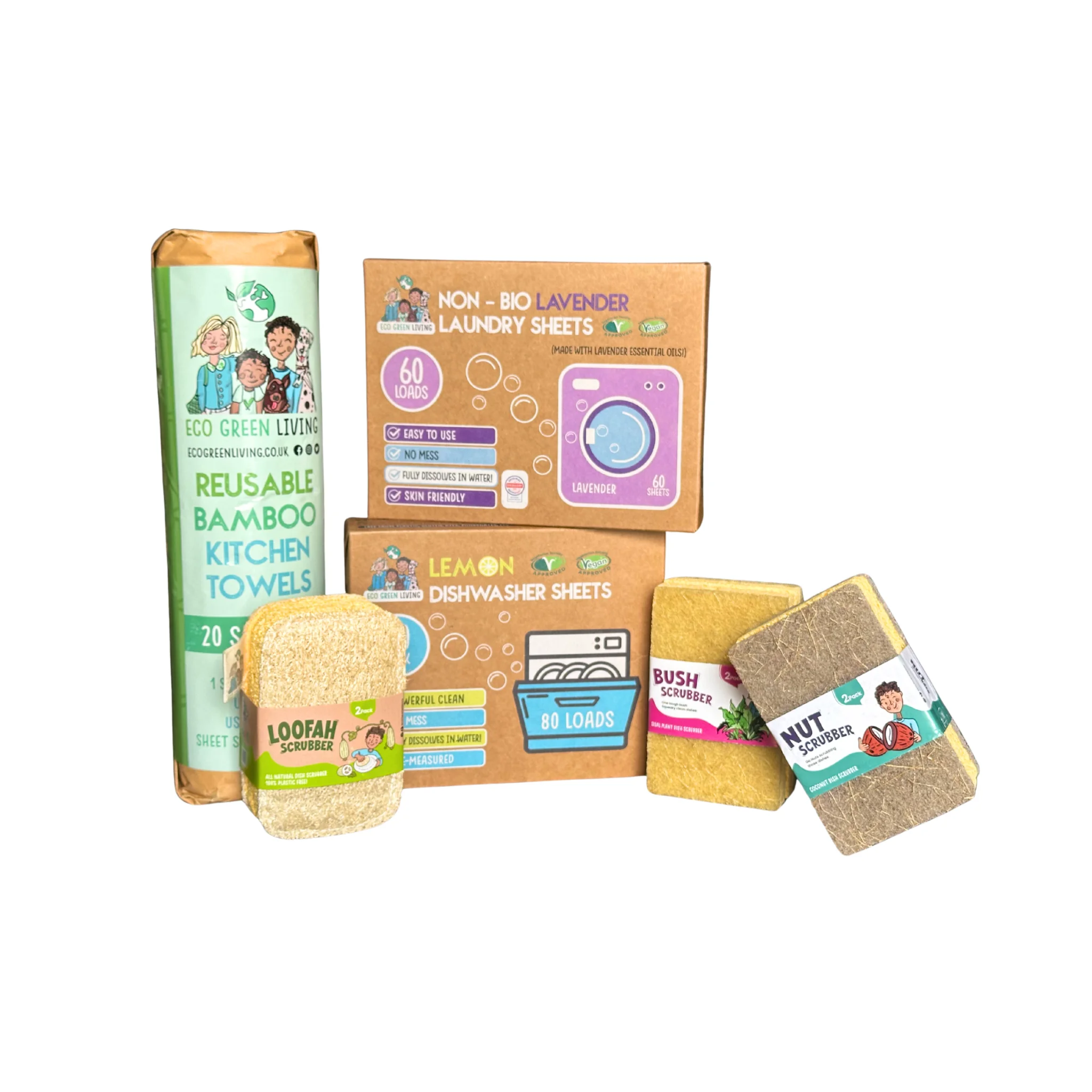 Squeaky Clean starter box with laundry sheets, dishwasher sheets, bamboo kitchen towels and natural scrubbers