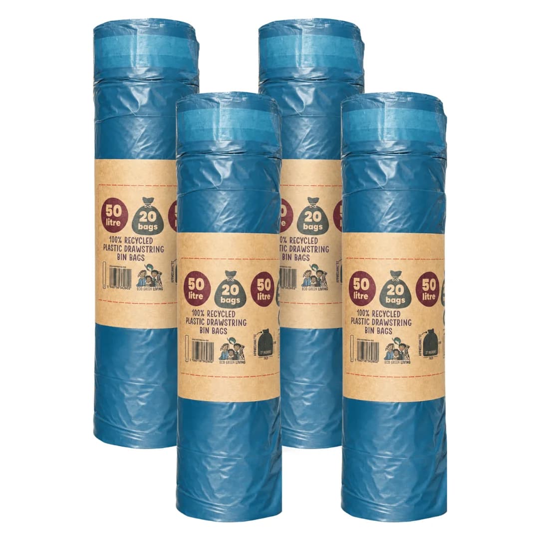 50L Recycled Plastic Drawstring Bag | 1 Roll of 80 Bags | Eco Green Living (4 packs) - EcoGreenLiving
