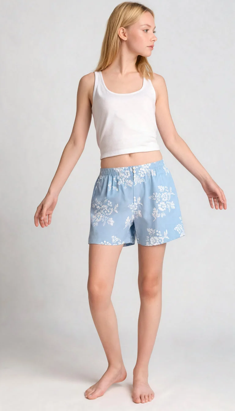 Marguerite Boxer Shorts, Organic Cotton, blue/white print
