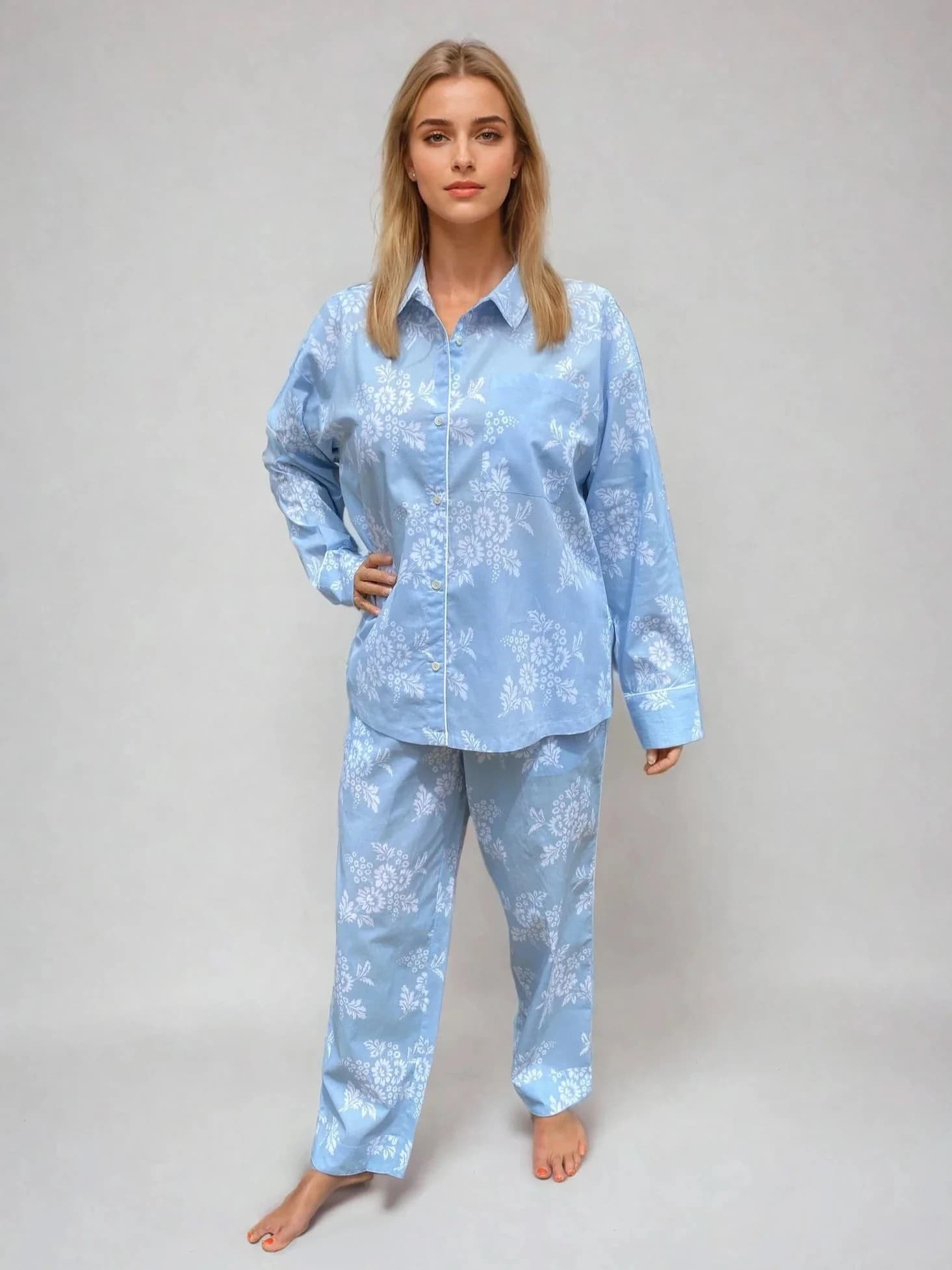 Marguerite Long Sleeve Set, Organic Cotton blue-white print