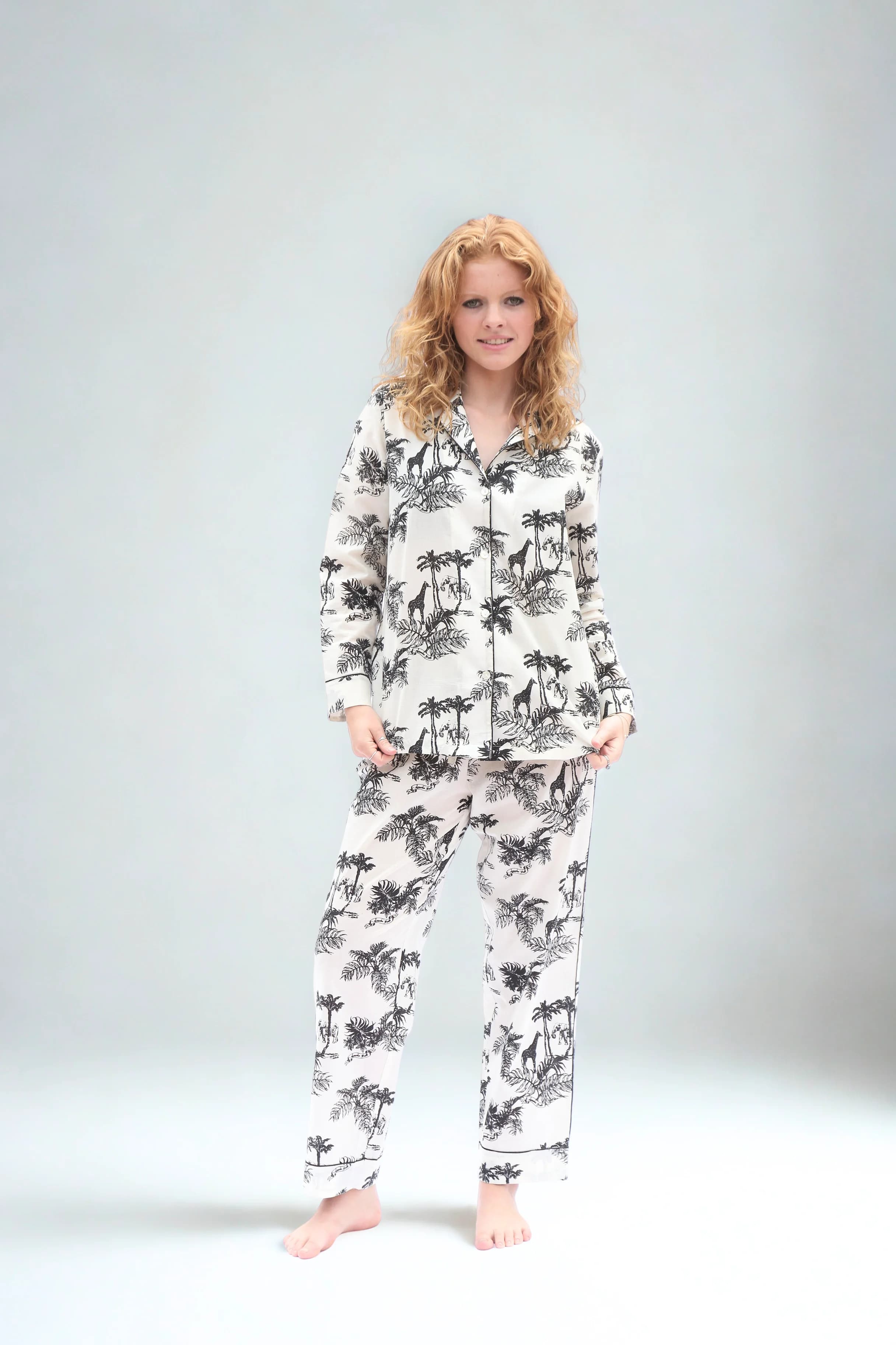 Paloma Long Sleeve Organic Cotton Pyjama Set, Cream & Black Print