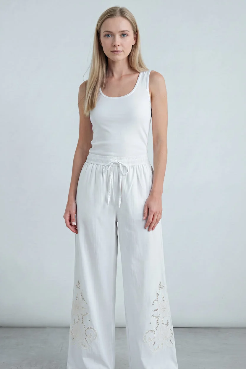 Alba Trouser. Wide Leg Embroidered Cotton Lounge Trousers